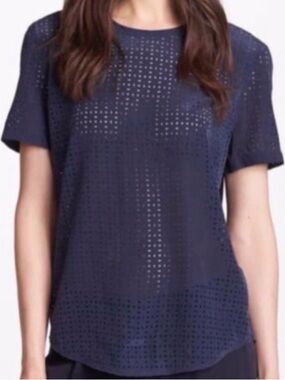 Equipment Femme Riley Laser Cut Silk Short Sleeve Blouse Tee, Navy Blue, Medium